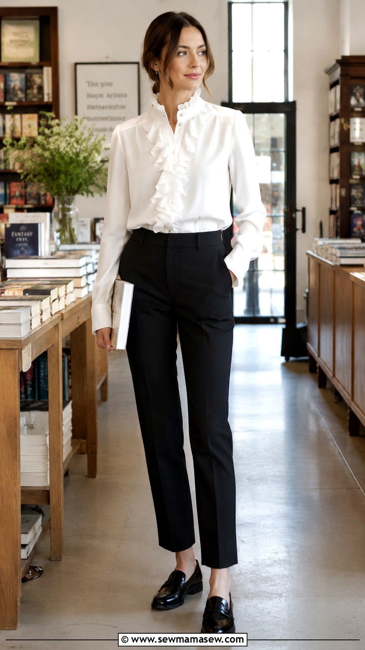 Ruffled collar blouse with tailored trousers and loafers - 25 Opera aesthetic outfit ideas 2026