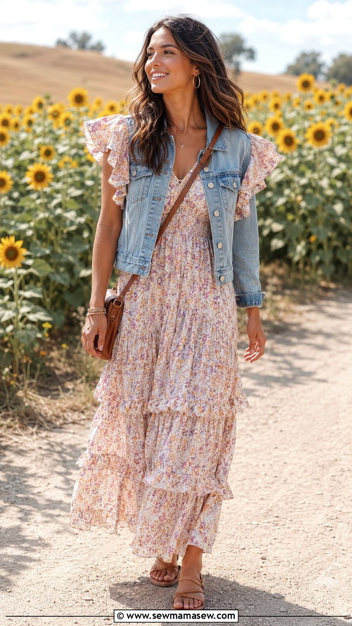 Ruffled maxi dress with a denim jacket - 30 Spring cottage outfits