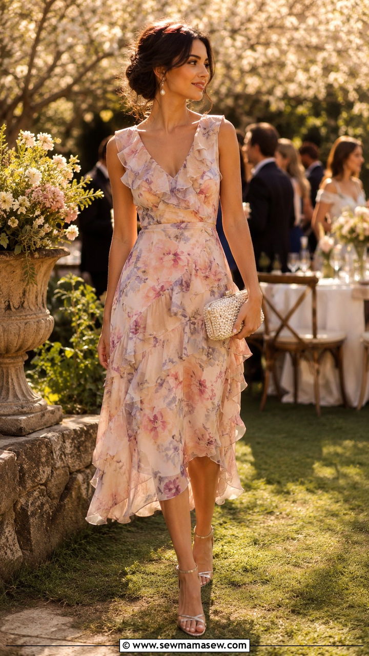 Ruffled midi dress and heeled sandals outfit - 30 spring to summer outfits aesthetic