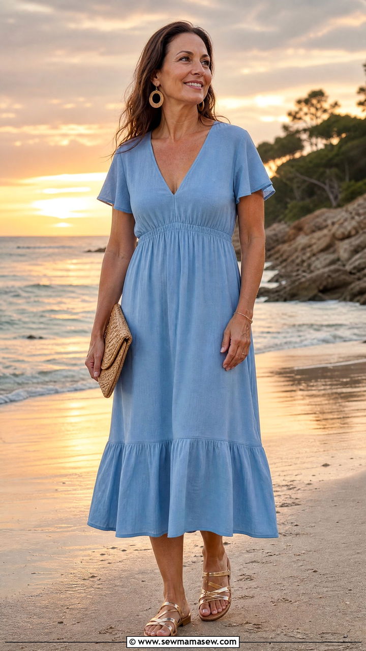 Ruffled midi dress with strappy sandals - 30 midi dress outfits for women over 40