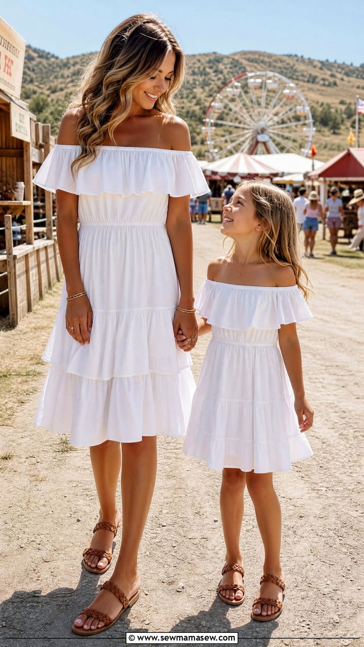 Ruffled off shoulder dress with braided sandals outfit - 30 Summer mommy and me outfits