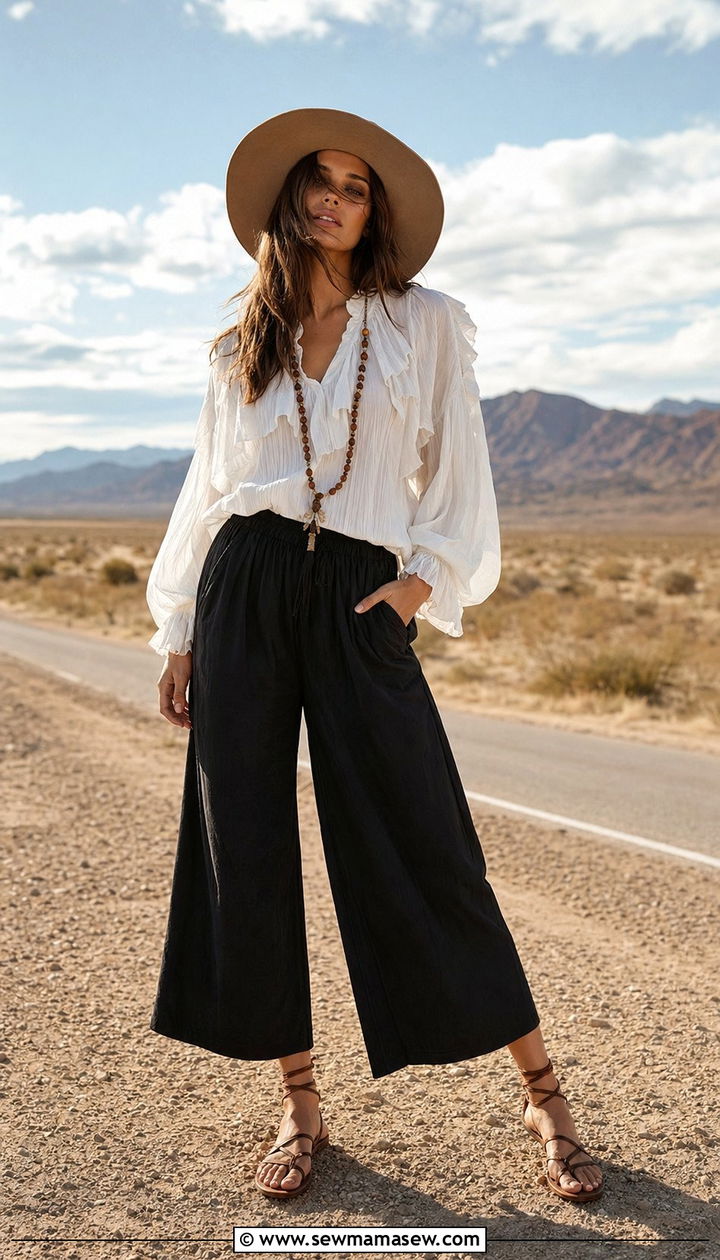 Ruffled peasant blouse with gaucho pants outfit - 35 2000s outfit ideas