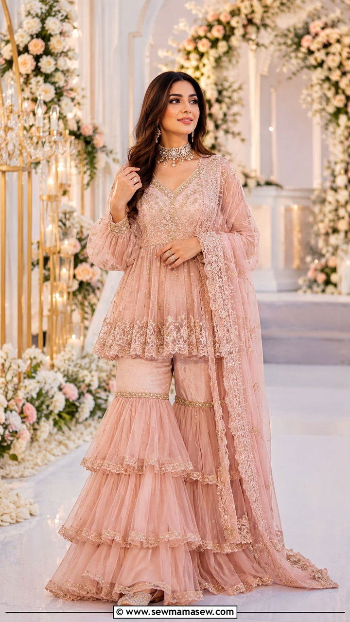 Ruffled sharara set with statement blouse for Walima - 25 Wedding guest outfit ideas Walima ceremony