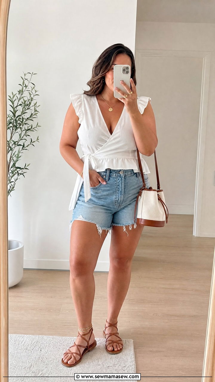 Ruffled wrap top and high rise denim cutoffs - 30 Summer outfits for midsize women
