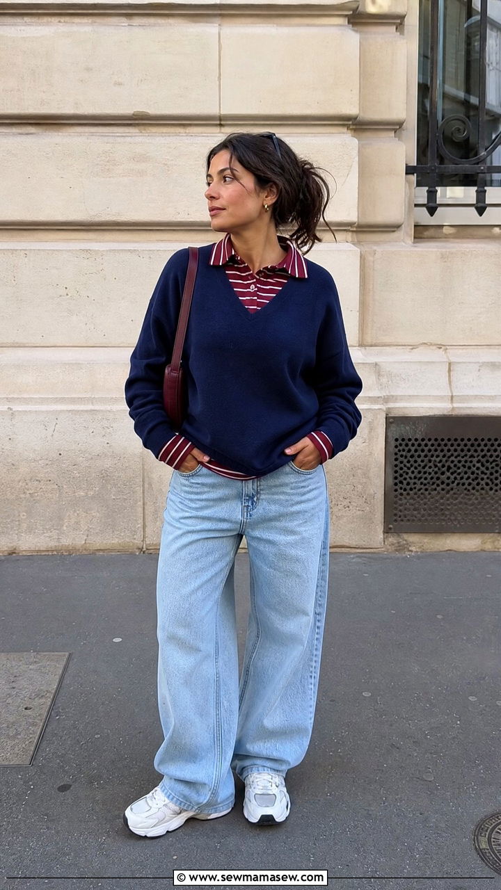 Rugby Polo Sweater and Baggy Jeans Outfit - 30 Fashion trends 2026 outfits