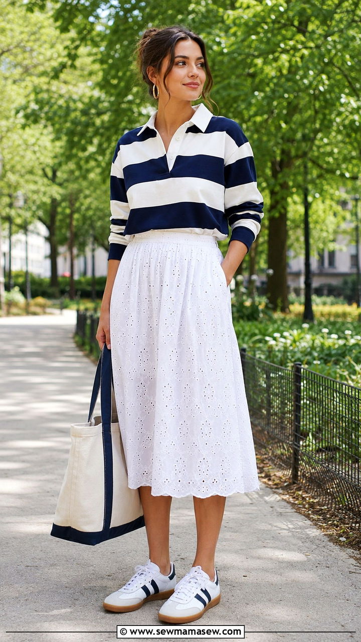 Rugby Polo with White Eyelet Midi Skirt - 30 transitional skirt outfit ideas