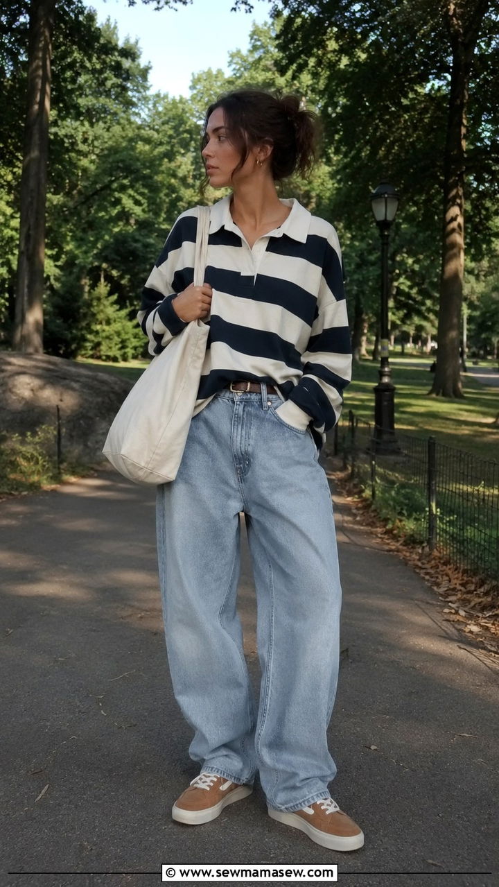 Rugby Shirt With Baggy Jeans And Skate Shoes - 30 Sporty chic outfit ideas with jeans
