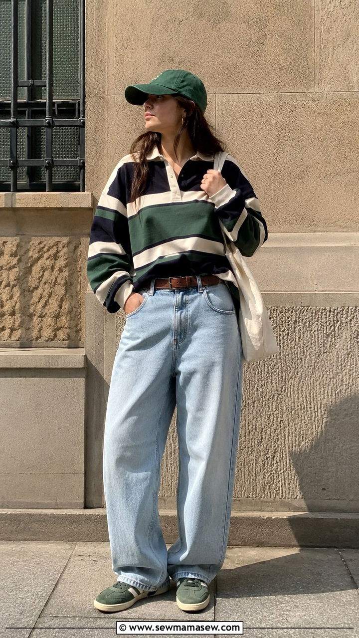 Rugby Shirt With Baggy Jeans - 30 spring sporty chic outfit ideas