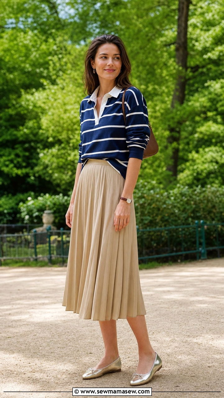 Rugby Shirt With Pleated Midi Skirt And Ballet Flats - 25 spring business meets athletic outfit ideas