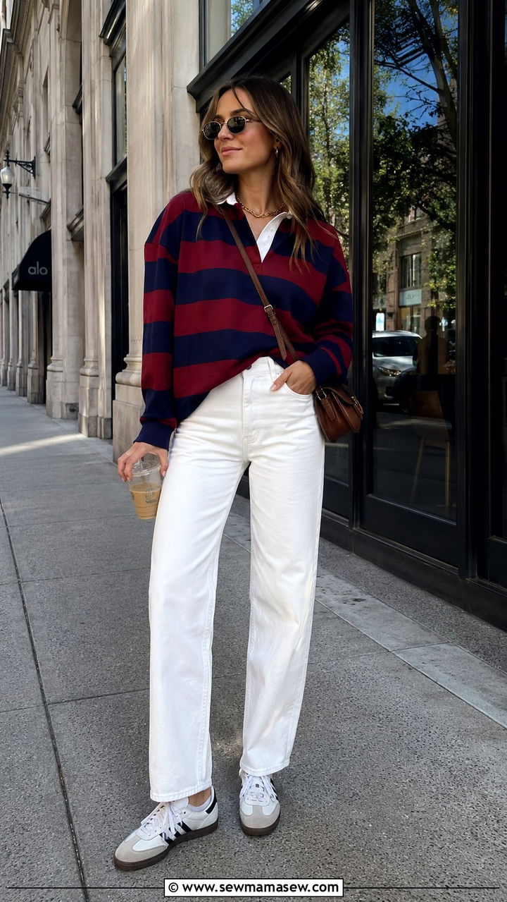 Rugby Shirt With White Jeans And Retro Sneakers - 25 Preppy outfit ideas 2026