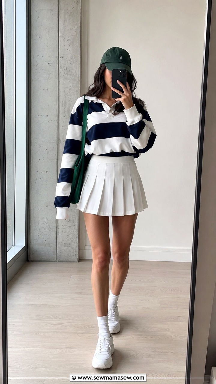 Rugby Shirt With White Pleated Skirt And Clean White Sneakers - 30 preppy outfit ideas for women