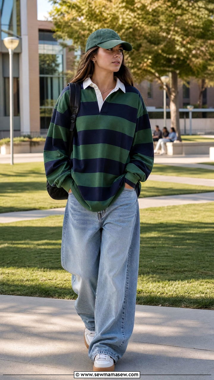 Rugby Shirt and Baggy Jeans Outfit - 25 Fashion for college freshman
