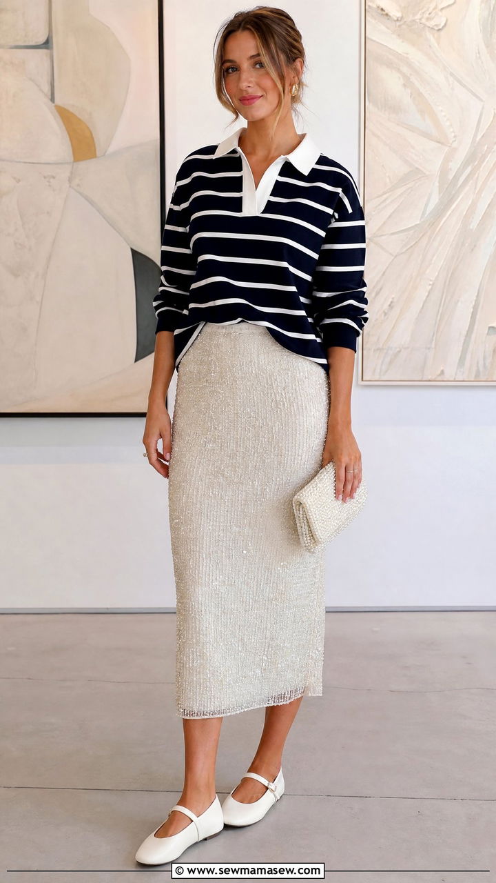 Rugby Shirt with Beaded Midi Skirt - 25 March outfits for women