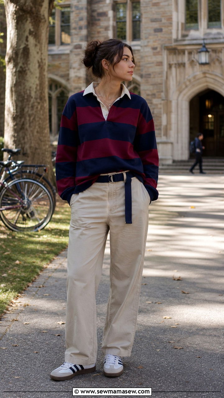 Rugby Shirt with Relaxed Trousers and Retro Sneakers - 30 Tomboy outfit ideas