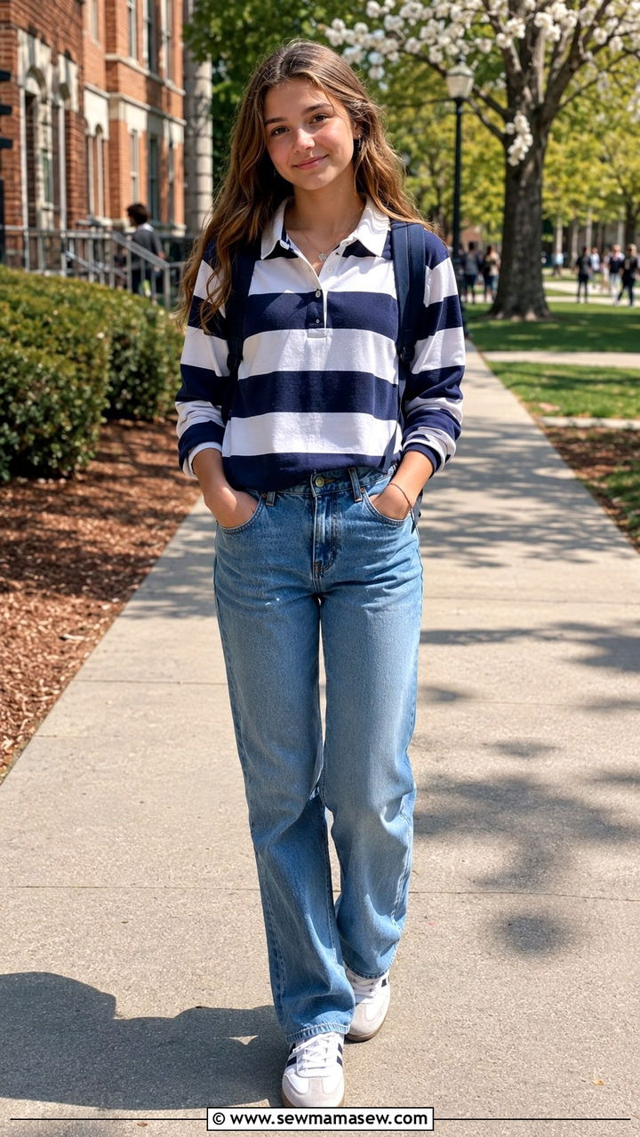Rugby Shirt with Straight Leg Jeans and Retro Trainers - 30 Spring outfits for middle school