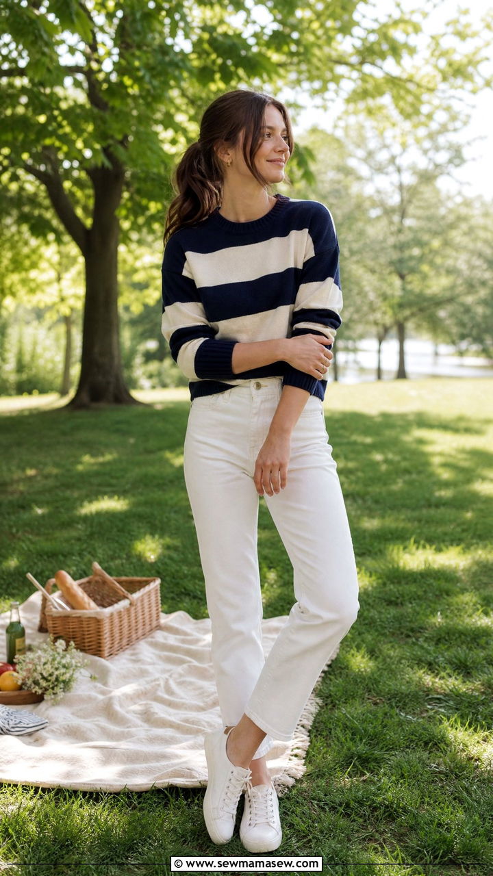 Rugby Stripe Sweater With White Jeans And Sneakers - 35 Ivy league outfit ideas