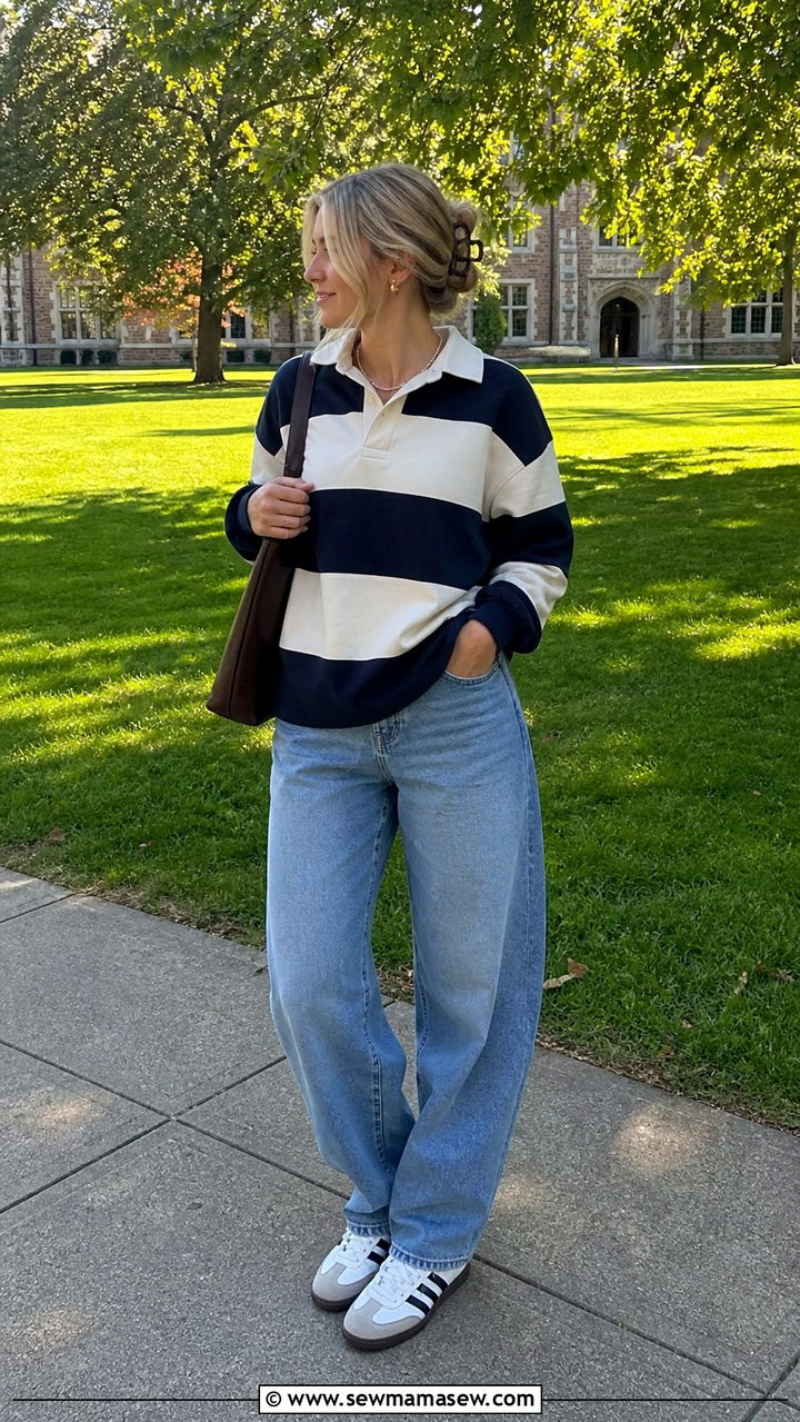Rugby Striped Top with Barrel Leg Jeans and Retro Trainers - 20 August back to school outfit ideas
