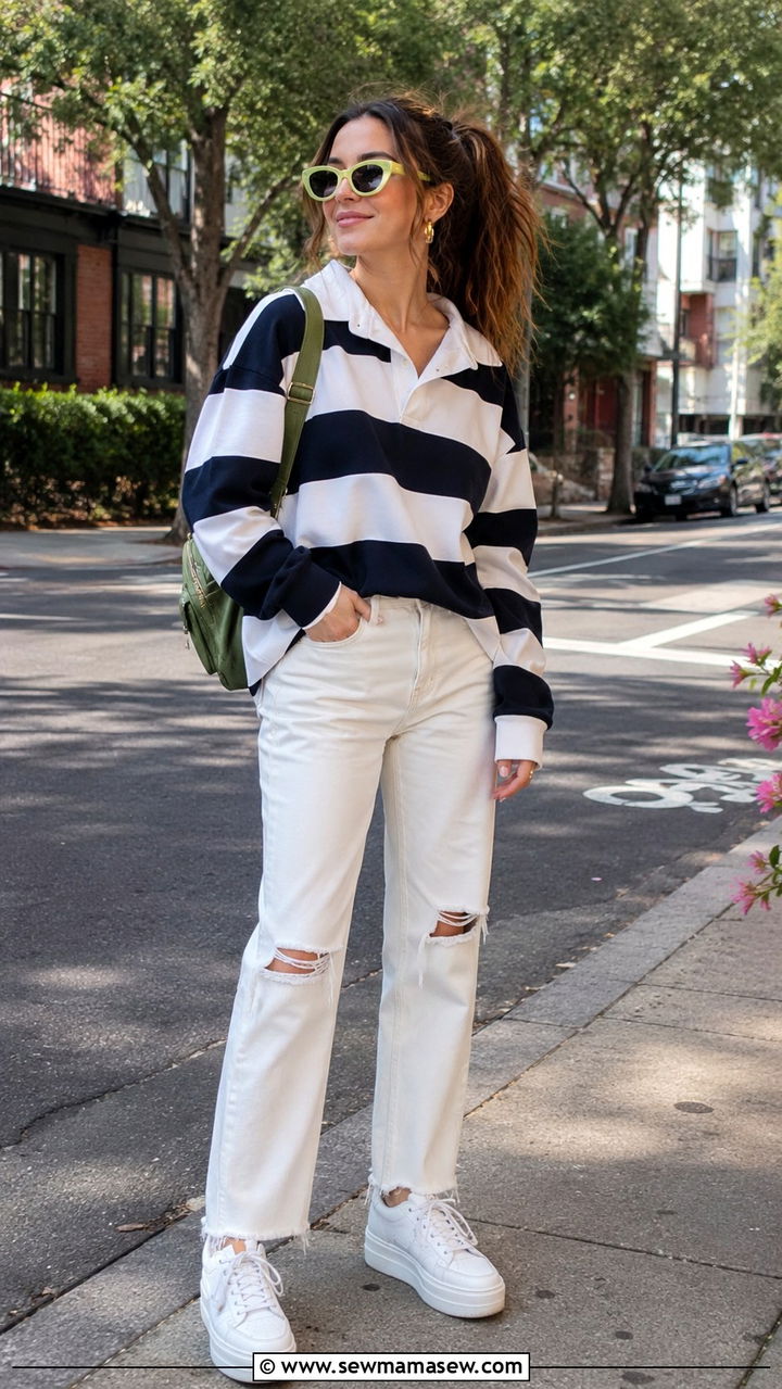 Rugby Striped Top with White Distressed Jeans and Platform Sneakers - 30 Spring preppy outfits 2026