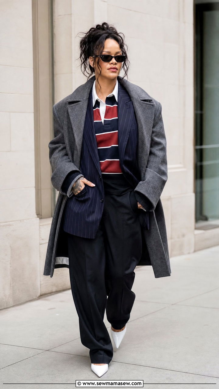 Rugby Sweatshirt With Pinstripe Blazer and Balenciaga Knife Pants - 25 Rihanna spring outfit ideas