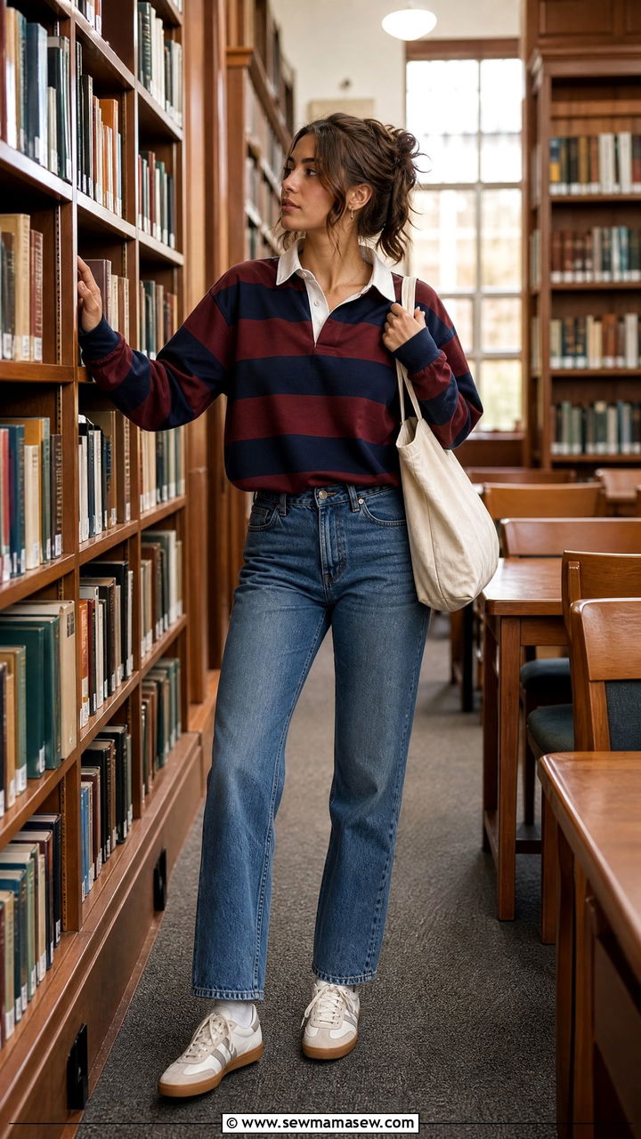 Rugby polo shirt with straight leg jeans and retro sneakers - 30 College library outfit ideas