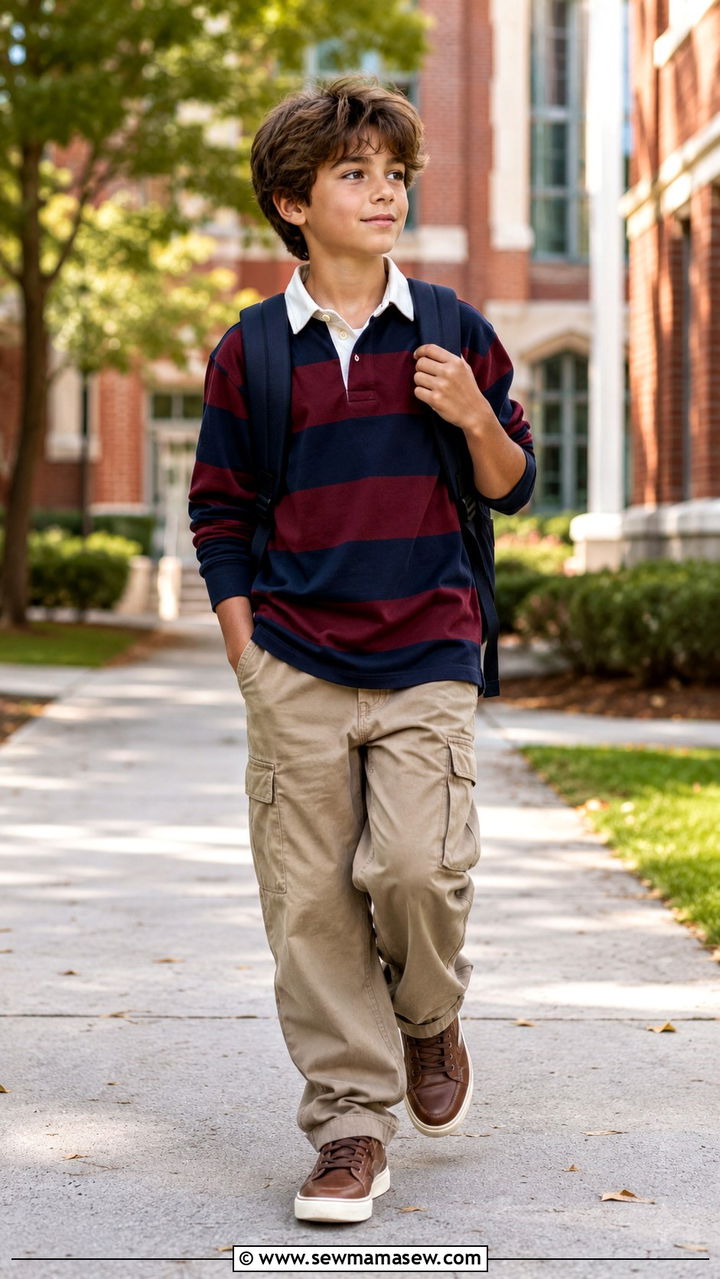Rugby shirt and cargo pants outfit - 30 Kids back to school outfit ideas