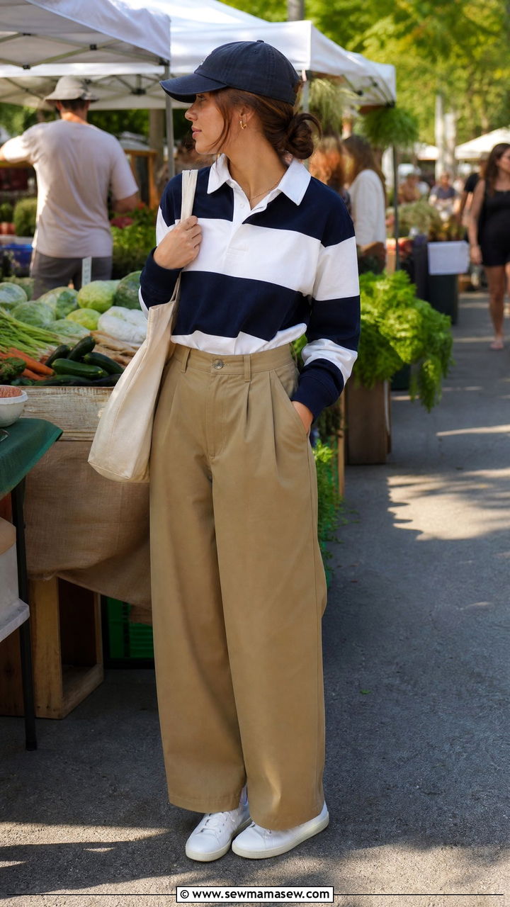 Rugby shirt and wide leg trousers outfit - 35 Modern preppy outfit ideas