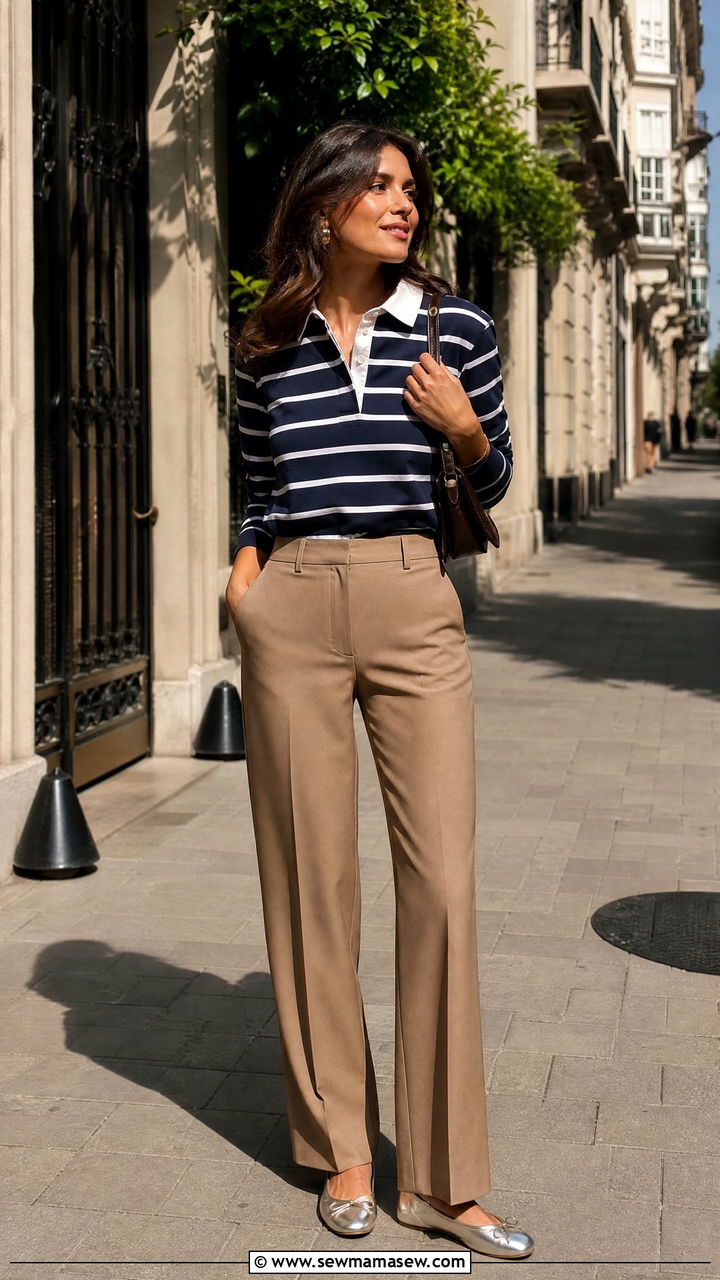 Rugby shirt with tailored pants and ballet flats - 30 summer to fall outfits for women