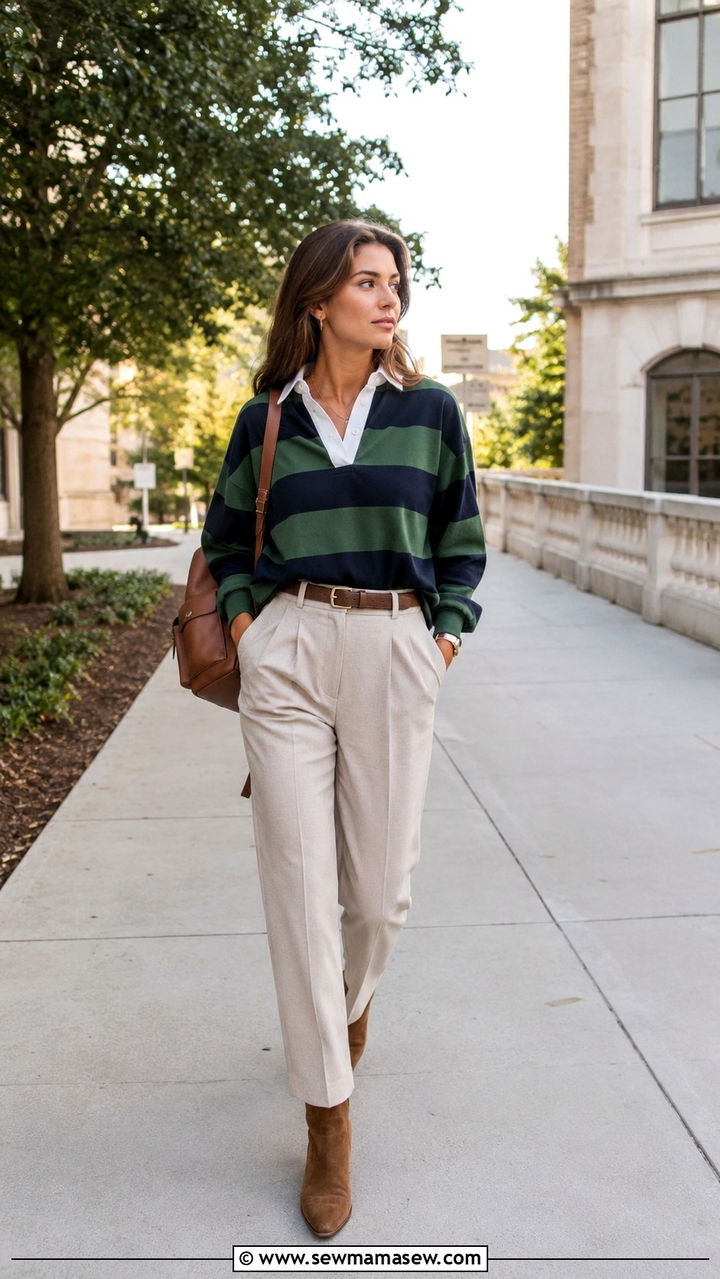 Rugby shirt with tailored trousers outfit - 30 Preppy college outfit ideas