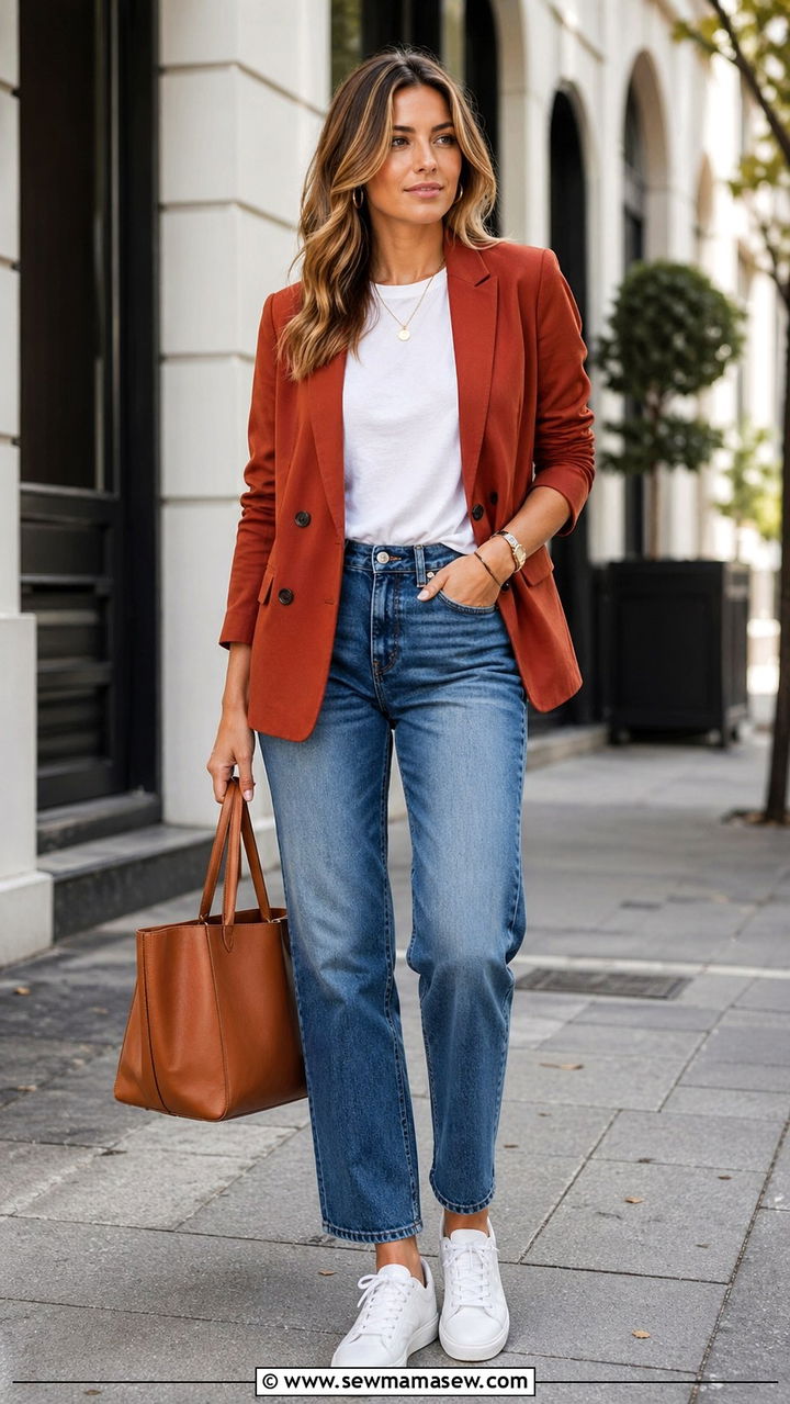 Rust Blazer With Jeans And Tee - 40 All rust outfit ideas