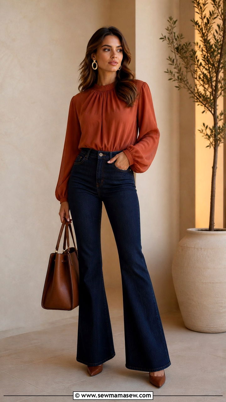 Rust Blouse And Dark Flare Jeans With Heels - 40 spring outfits for moms