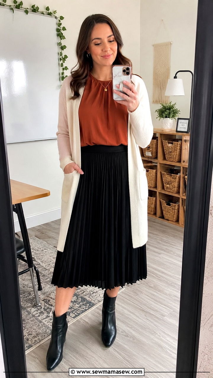 Rust Blouse with Pleated Black Midi Skirt and Cardigan - 30 Spring outfit ideas for teacher