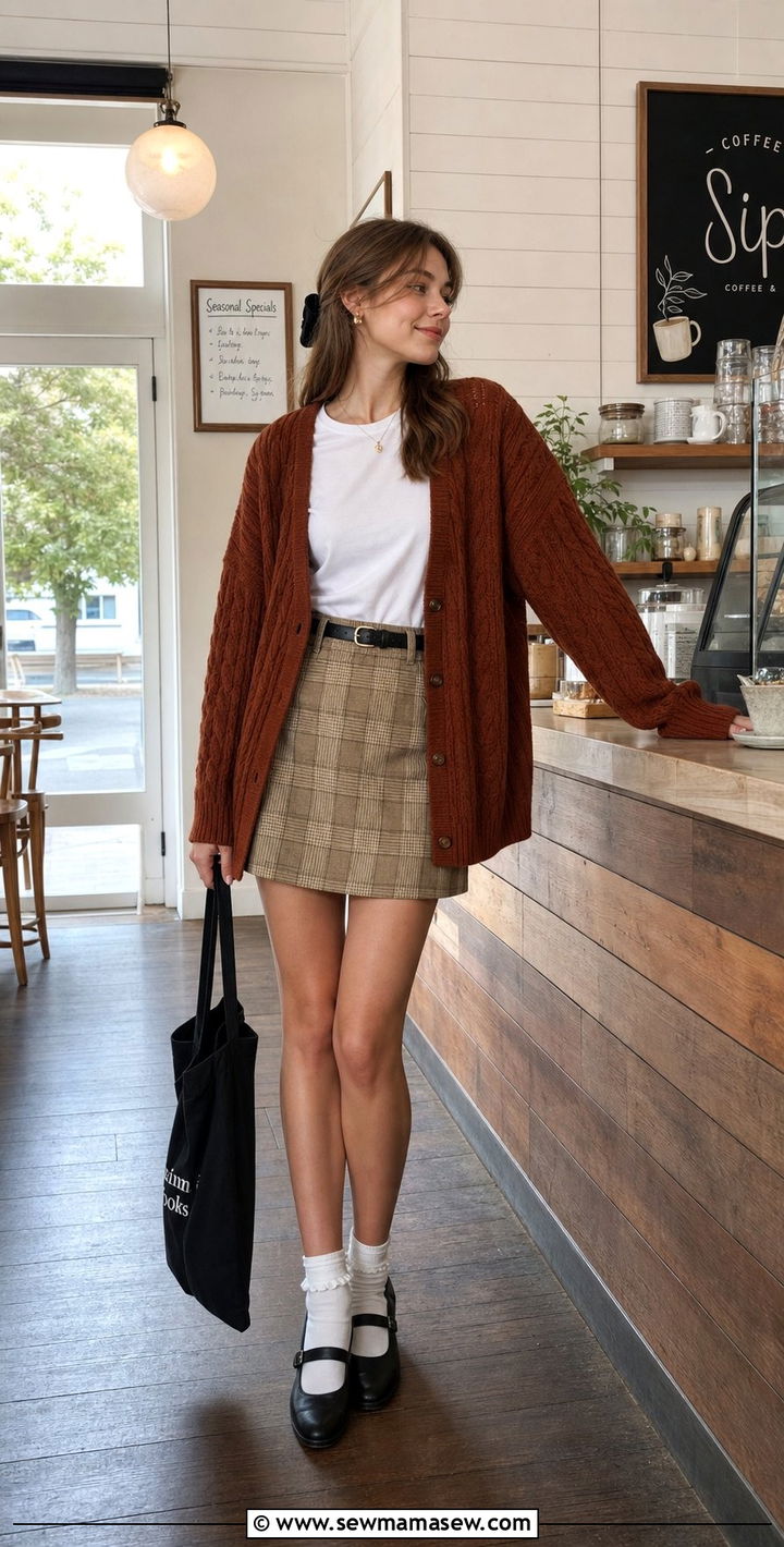 Rust Brown CableKnit Cardigan Over White Tee And Beige Plaid Mini Skirt - 25 dark academia capsule wardrobe outfits