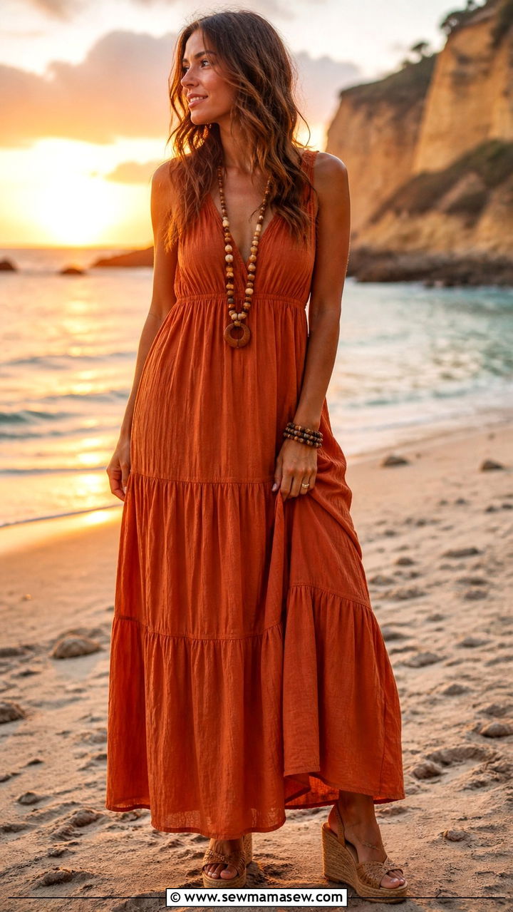 Rust Burnt Orange Tiered Maxi Dress - 40 summer outfits 2026