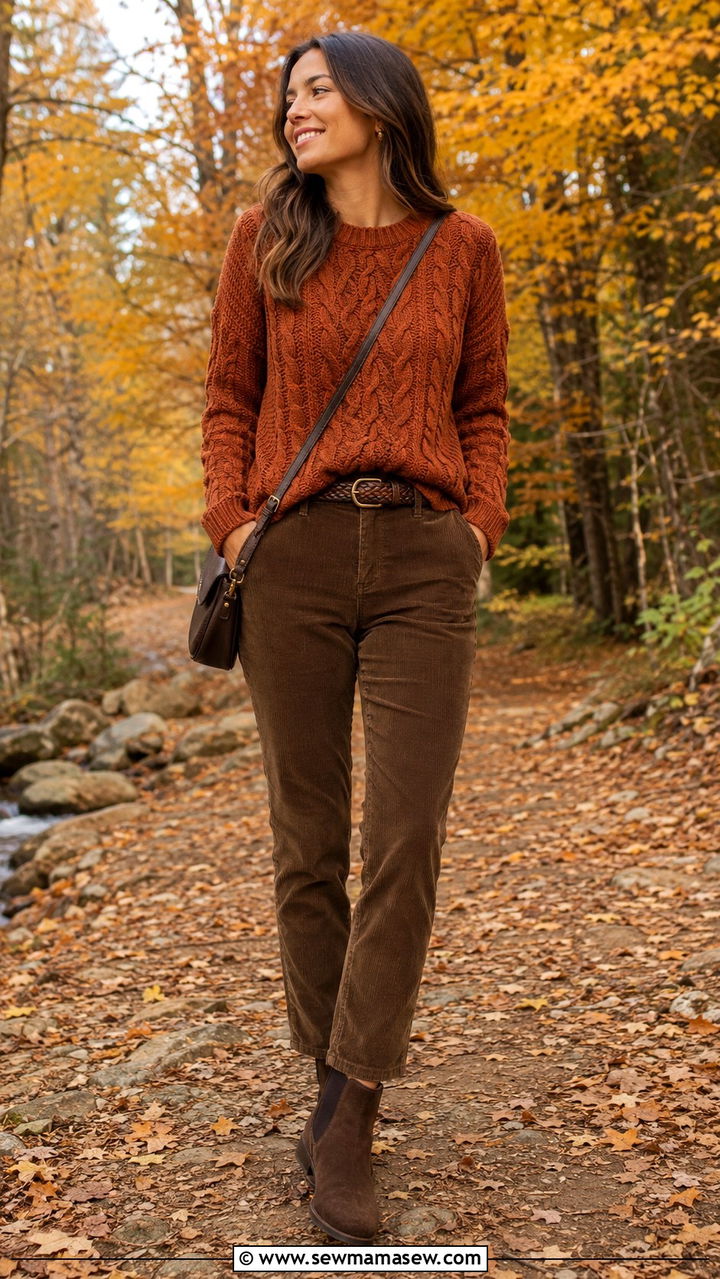 Rust Cable Knit Sweater with Corduroy Trousers and Chelsea Boots - 25 Old money outfit ideas with cable knit