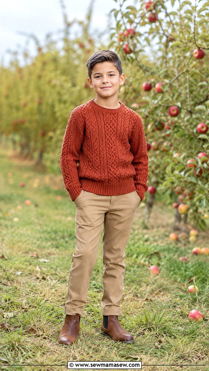 Rust Cable Knit Sweater with Tan Trousers Outfit - 30 Kids family photo outfits