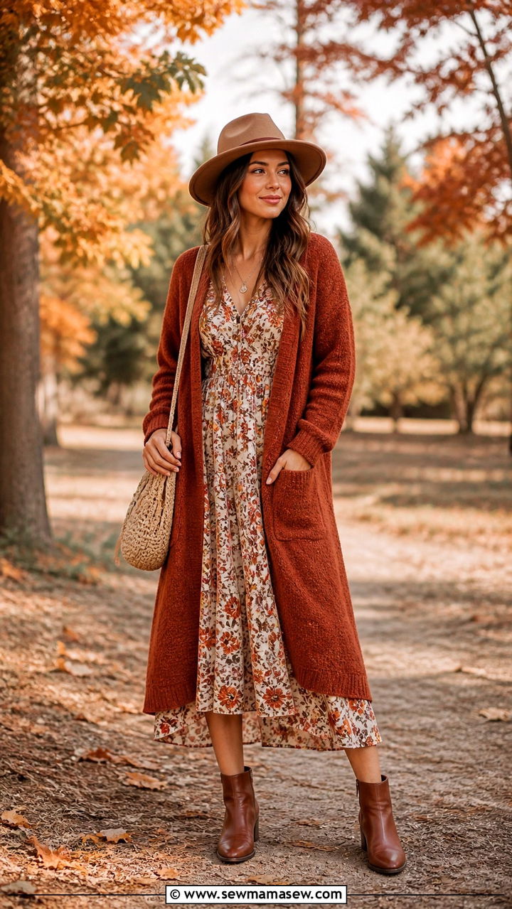 Rust Cardigan Over Floral Dress - 40 All rust outfit ideas