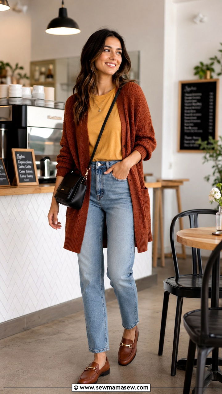 Rust Cardigan With Straight Leg Jeans - 30 spring midsize outfit ideas