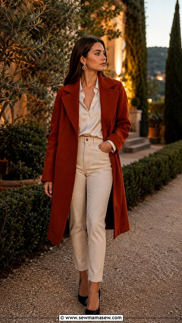 Rust Coat and Cream Denim - 25 Old money outfit ideas with jeans