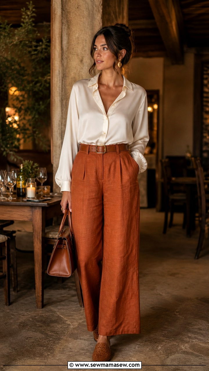 Rust Colored Linen Pants with a Cream Button Down Blouse and Woven Mules - 40 linen pants outfit ideas for women