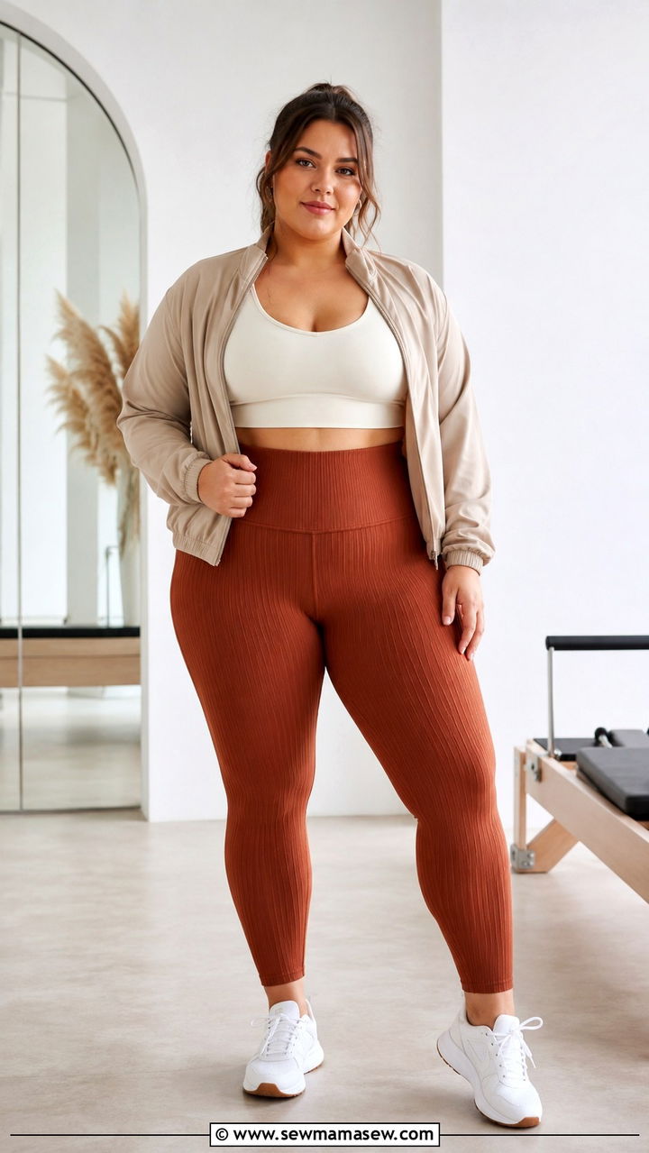 Rust Colored Ribbed Leggings with Contrasting Sports Bra - 30 Gym outfit ideas plus size