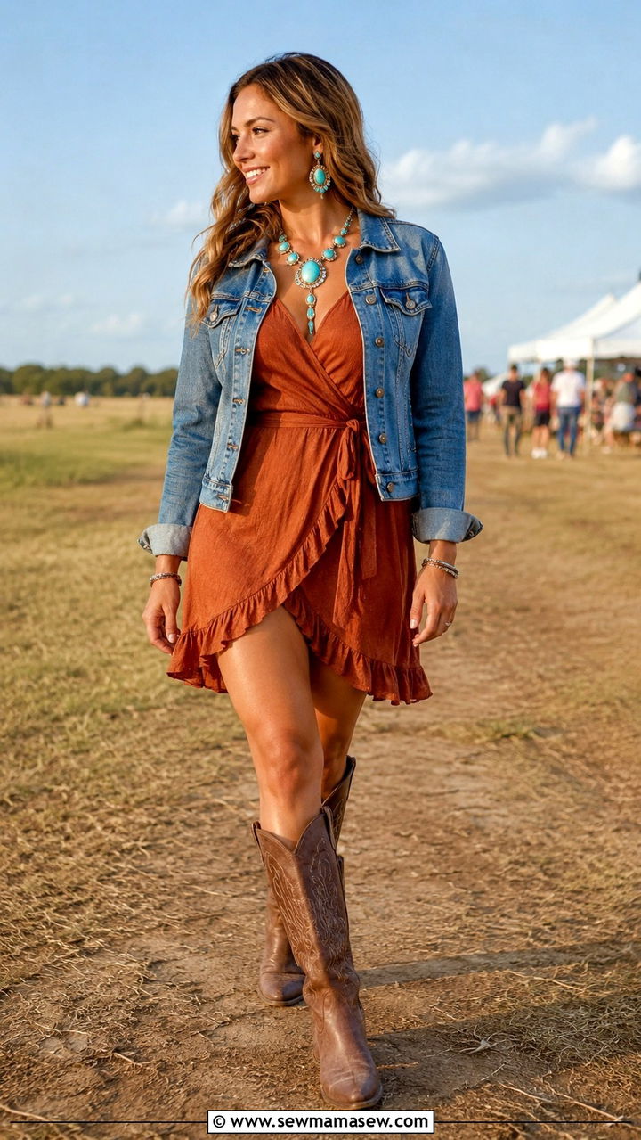 Rust Colored Wrap Dress With Denim Jacket and Western Cowboy Boots - 25 Wrap dress outfit ideas with a denim jacket