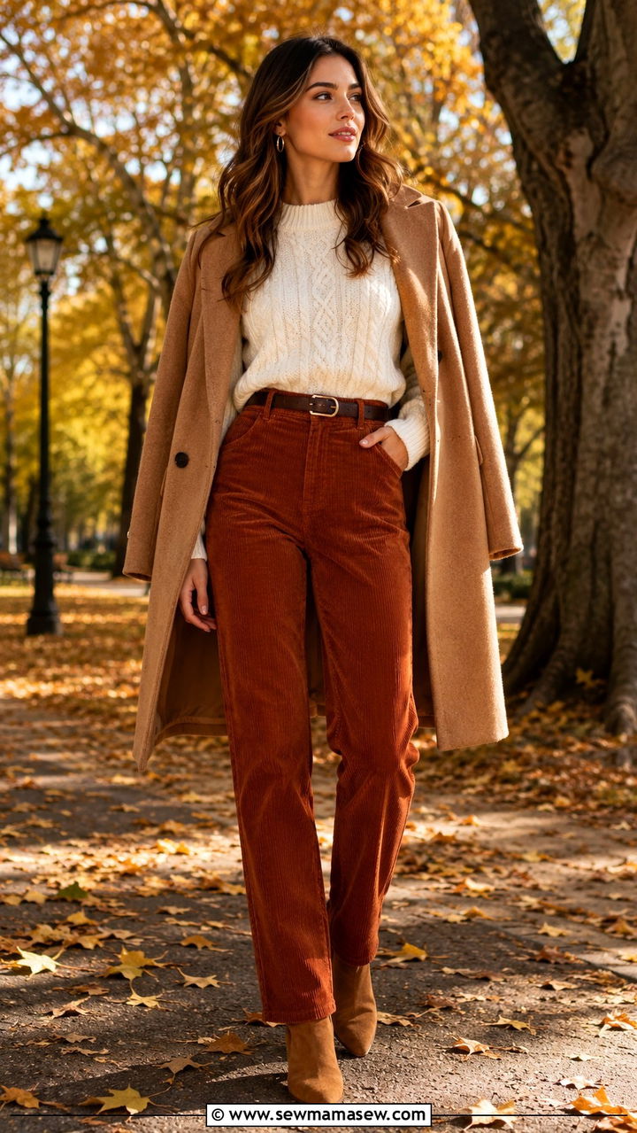 Rust Corduroy Pants With Cream Sweater Outfit - 30 Warm tone outfit ideas