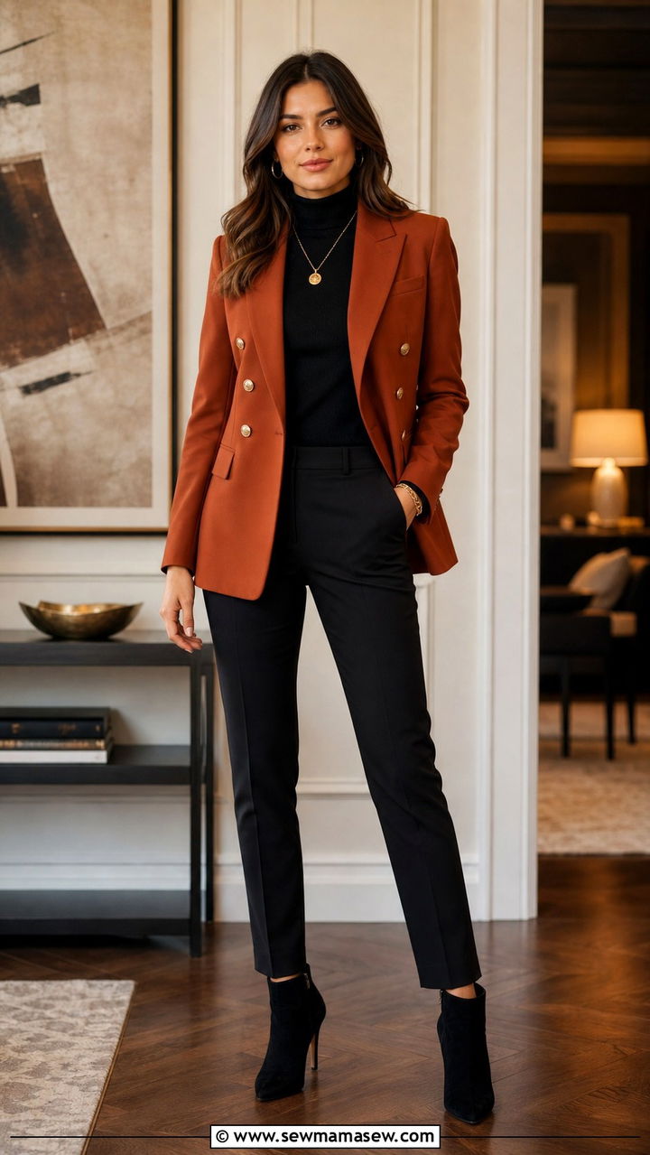 Rust Double Breasted Blazer With Black Turtleneck - 40 work outfits