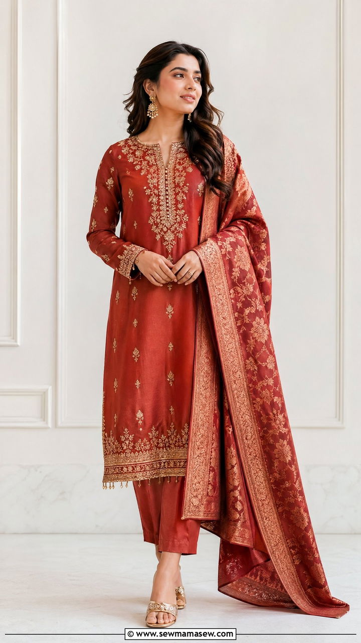 Rust Embroidered 3 Piece with Zari Dupatta - 35 Eid outfit ideas for moms