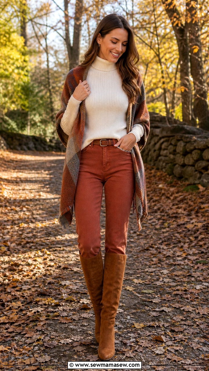 Rust Jeans With Cream Turtleneck And Suede Boots - 40 Colored jeans outfit ideas