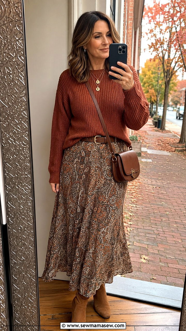 Rust Knit Sweater with Paisley Maxi Skirt Outfit - 30 Boho outfit ideas for women over 40