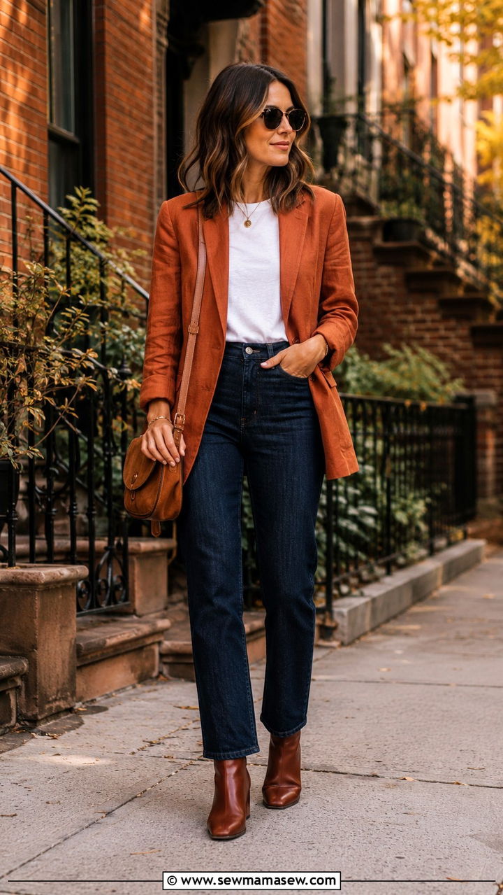 Rust Linen Blazer with White T Shirt and Dark Denim - 30 Linen blazer outfit ideas with a t-shirt