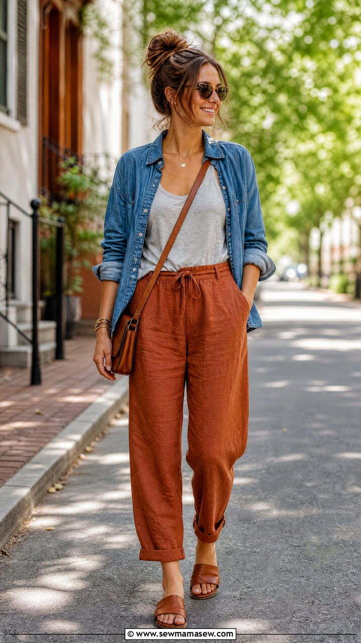 Rust Linen Pants With Grey Tank and Open Denim Shirt - 25 Spring outfits with linen pants