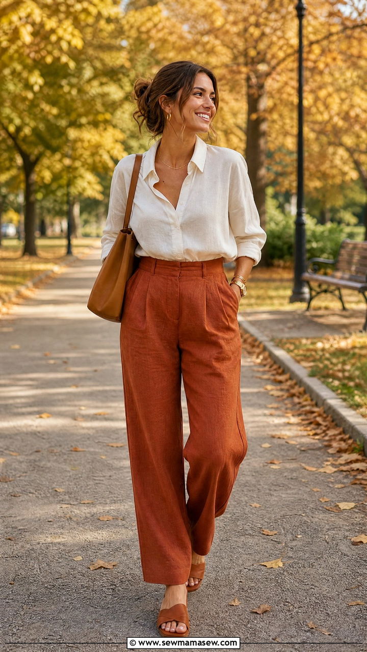 Rust Linen Pants with a Cream Button Down - 30 Linen pants outfit ideas with a button down