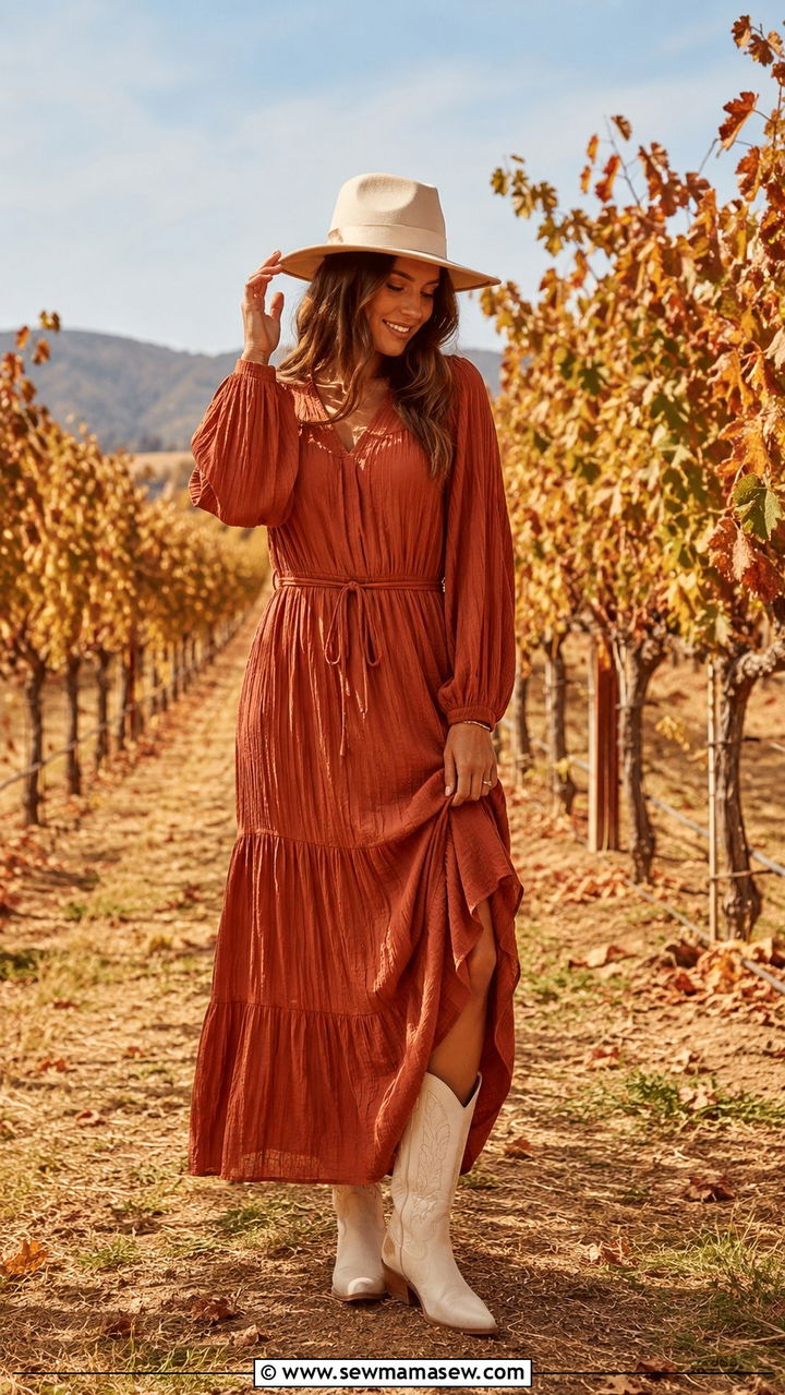 Rust Maxi Dress with Cream Cowboy Boots - 30 Maxi dress with cowboy boots outfit ideas